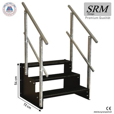 3 Stufen Standtreppe komplett schwarz 18 cm Tritthöhe, 60 - 160 cm B, 54 cm Höhe