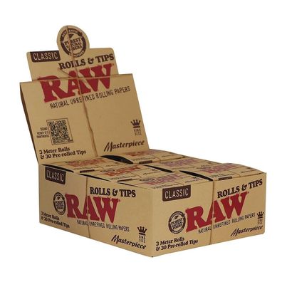 RAW Classic Masterpiece King Size Rolls, 12x 5m + 30 Prerolled Tips