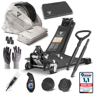 Stahlwerk Wagenheber 3T Höhe 73-500 mm Set Reifendruckprüfer Handschuhe Kniekissen