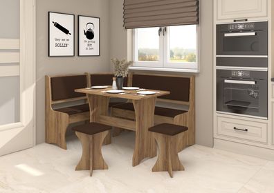 Eckbankgruppe / Essgruppe H in modernem Landhausstil, Tisch mit Eckbank und 2 Hocker