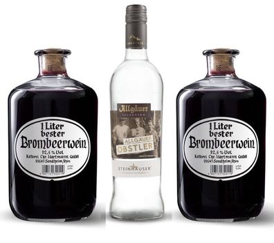 Allgäuer Selektion Obstler 0,35L und 2 Flaschen Fruchtwein Brombeer Apothekerflaschen