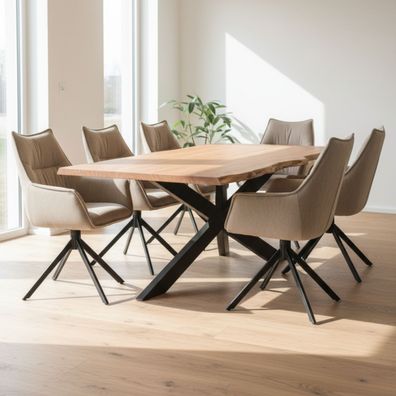 Möbelset Baumkantentisch Catania, 6er Set Diningsessel Ginosa hellgrau