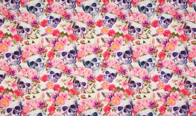 Jersey pink Skull Totenköpfe Blumen Rosen floral Stoff nähen Damen Mädchen 25cm