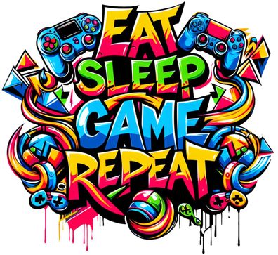 Bügelbild Bügelmotiv Eat Sleep Game Repeat Gamer bunt verschiedene Größen