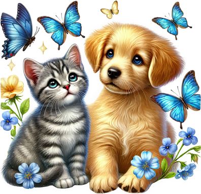 Bügelbild Bügelmotiv Katze Hund Welpe Kitten Freunde Tiere verschiedene Größen