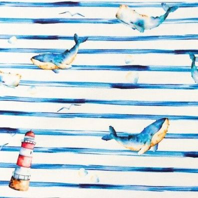 Jersey Streifen weiß blau Wal Leuchtturm maritim Stoff nähen Junge 25cm