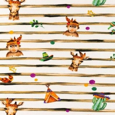 Jersey Streifen weiß braun Affe Giraffe Boho Stoff nähen Junge Mädchen 25cm