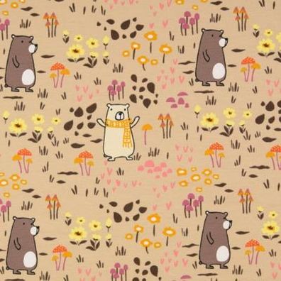 Jersey hellbraun beige Bär Blumen Stoff nähen Mädchen 25cm