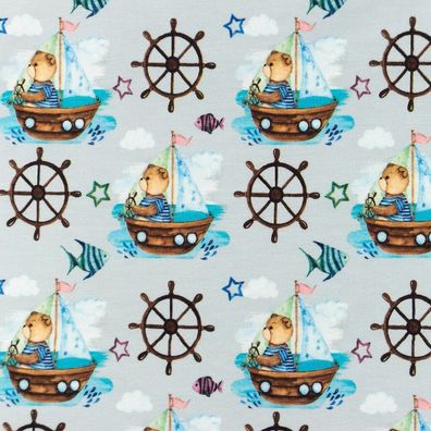 Jersey grau Segelboot Bär Meer maritim Fisch Stoff nähen Junge Mädchen Baby 50cm