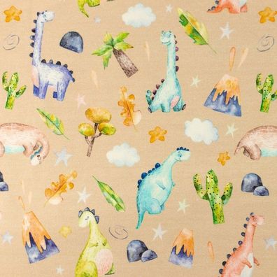 Jersey braun beige Dinosaurier Vulkan Stern Stoff nähen Junge Mädchen Baby 50cm