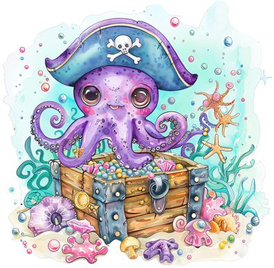 Bügelbild Bügelmotiv Krake Schatz Oktopus Schatztruhe Meer verschiedene Größen