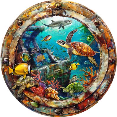 Bügelbild Bügelmotiv Bullauge Meer Fisch Schildkröte Ozean verschiedene Größen