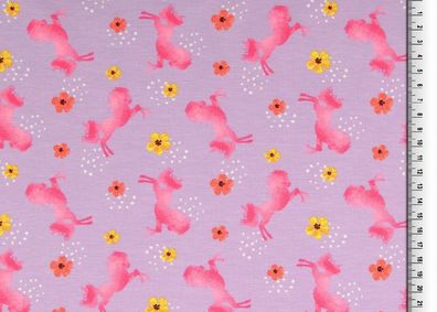 Jersey lila flieder pink Pferd Einhorn Blumen Stoff nähen Mädchen 25cm