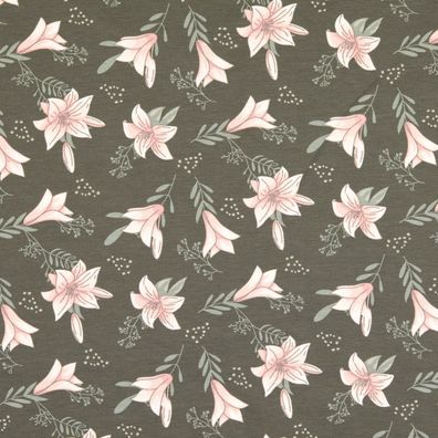 Jersey grau rosa Blumen Blüten Magnolie floral Stoff nähen Damen Mädchen 25cm