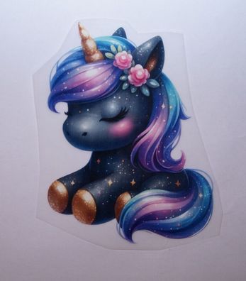Bügelbild Bügelmotiv Einhorn Unicorn schwarz Blumen Glitzer Mädchen Höhe 15cm