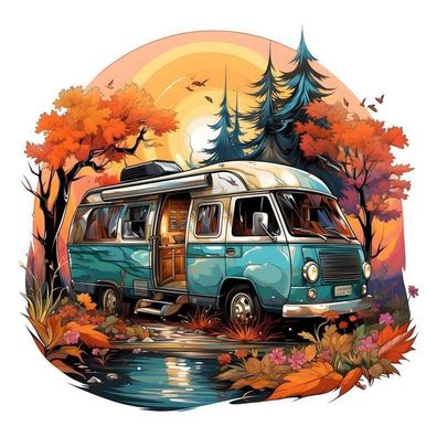 Bügelbild Bügelmotiv Sonnenuntergang Urlaub Camper Junge Mädchen Höhe 21cm