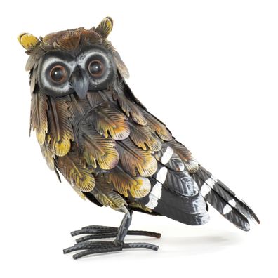 Moritz Deko Eule Gelb braun 22 cm Metall handbemalt Gartenfigur Landhausstil Vintage