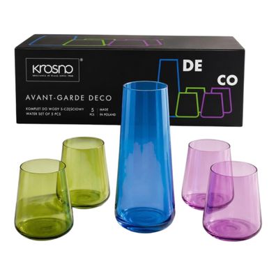 KROSNO Wasserset Karaffe + 4 Gläser - Avant-Garde Deco - farbig 5 Teilig