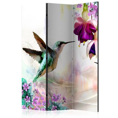 Beidseitig bedruckter Paravent 3-teilig Raumteiler Kolibri und Blumen