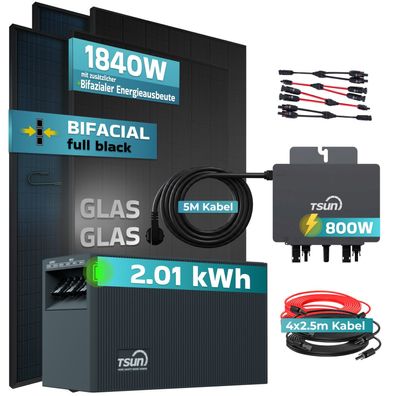 SUNNIVA® 1840W Balkonkraftwerk 2,01 kWh Speicher TSUN TSOL-DCU2000Lite Bifazial