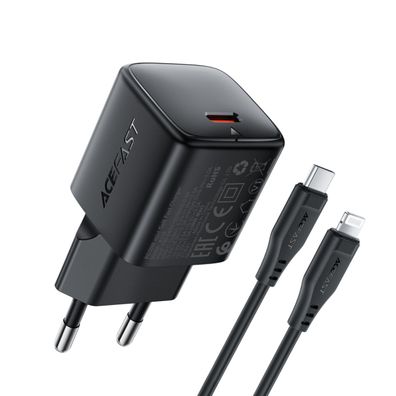 Acefast A118 30W GaN USB-C Ladegerät mit iPhone Kabel schwarz