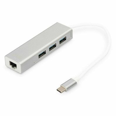 Digitus USB Adapter USB3.0/C -> GB Ethernet+3-Port-Hub weiss