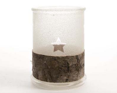 Windlicht Teelicht Glas Zylinder edel mit Rinde beschneit Stern H 10 cm