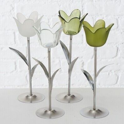 Teelichthalter Tulpe Eisen Glas Tulpen grün oder weiß H.24 cm 2er Set