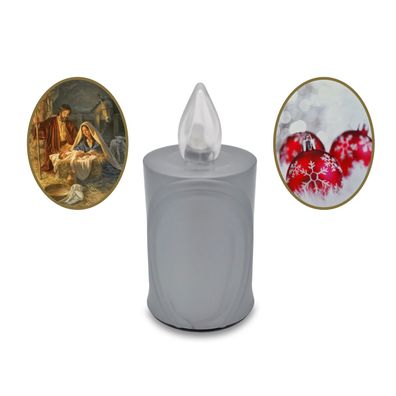 LED Weihnachtskerze Flackereffekt lange Brenndauer silber mit Weihnachtsmotiv