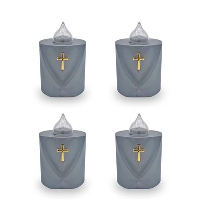4 LED Grabkerzen Flackereffekt lange Brenndauer Trauerlicht silber Heiliges Kreuz