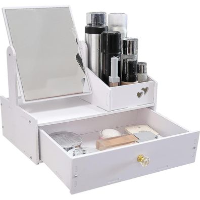 Kosmetik Organizer Weiß mit Viereckigem Drehbarem Spiegel und Schublad