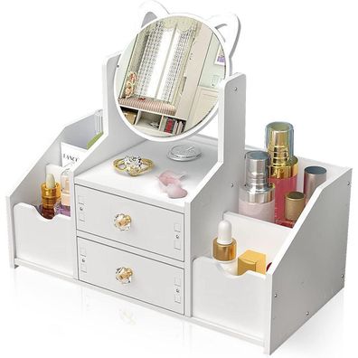 Weißer Make up Organizer mit 360° Spiegel Schublade Kosmetik Aufbewahrungsbox