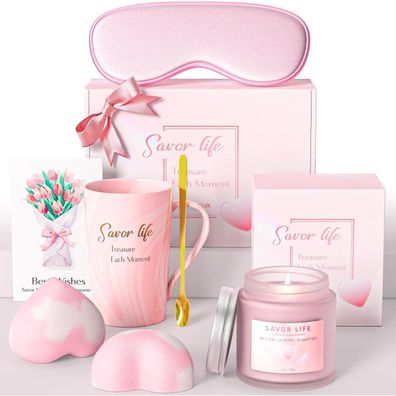 wellness geschenke für frauen mit Keramiktasse Löffel Badebomben Duftkerze Set