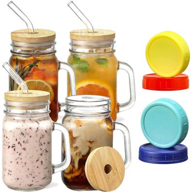 XL Cocktailgläser mit Henkel und Deckel 500ml mit Glasstrohalme und Bürste 4stk