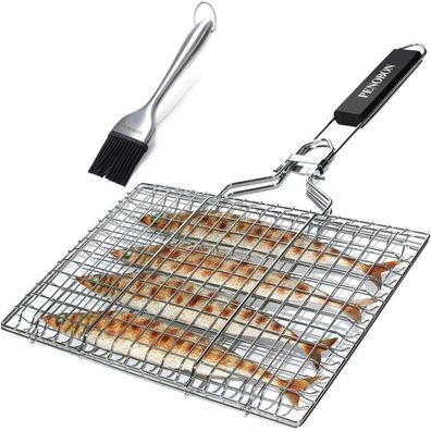 Fisch-Grillkorb Tragbar Faltbar Edelstahl Grillzubehör mit Abnehmbarem Griff