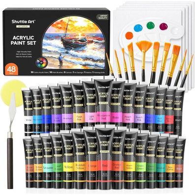 48-teiliges Acrylfarbenset: 30 Farben, 10 Pinsel, 5 Leinwände, Zubehör