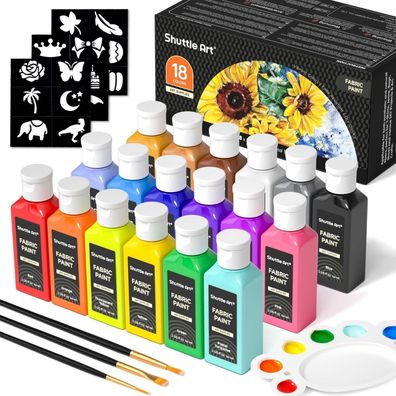 Textilfarbe Set 18 waschfeste Stoffmalfarben je 60ml Pinsel Vorlagen