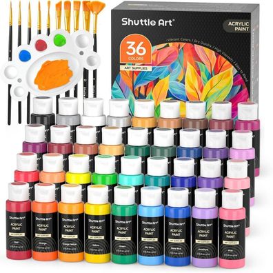 Acrylfarben Set 36 Farben je 60ml mit Pinselset Palette wasserfest