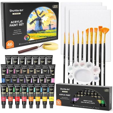 Acrylfarben Set 30 Farben 46 tlg Pinsel Leinwand spatel Kinder Adulte bunt