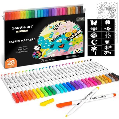 28 Farbige Textilstifte Set mit Vorlagen Leinwand & Textilmarker