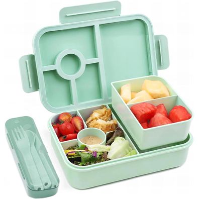 Lunchbox Kinder 5 Fächer 1300ML Auslaufsicher Bento Box Besteck Grün