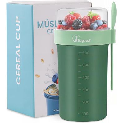 Bugucat Müslibecher to Go 760ml+230ml mit Löffel, auslaufsicherer Müsli Cup grün