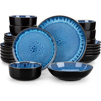 24tlg. Geschirr Set Blau, Tafelservice 6 Personen, Steingut Vintage Design