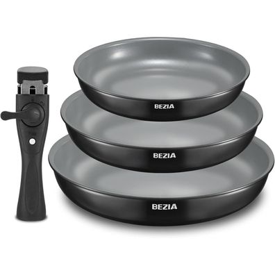 3tlg. BEZIA Pfannenset Keramikbeschichtung abnehmbarer Griff - 20 + 24 + 28 cm