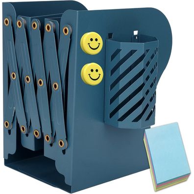 Qualsen Verstellbare Buchstützen mit Stifthalter, rutschfeste Bookends Blau