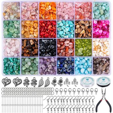 DIY Schmuck Bastelset 24 Farben Naturstein Perlen 5-7 mm 1073 Stück Ringe