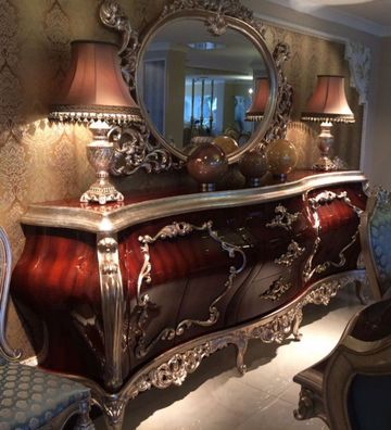 Casa Padrino Luxus Barock Möbel Set Sideboard mit Spiegel Dunkelbraun / Silber - Prun