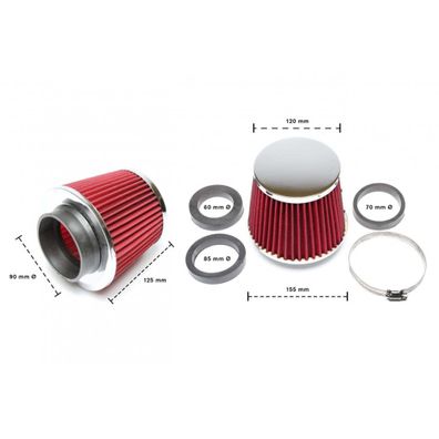Sportluftfilter Universell Konisch CHROM 60, 70, 85, 90 MM-ANSCHLUSS 125MM LANG