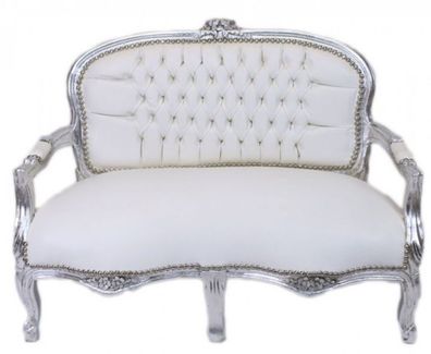 Casa Padrino Barock Kinder Sitzbank Weiß Lederoptik / Silber Antik Stil Kinder Sofa