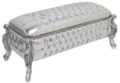 Casa Padrino Barock Sitzbank / Truhe Silber Lederoptik / Silber - Gepolsterte Massivh